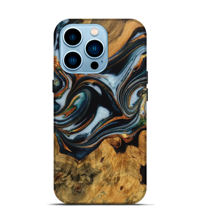 iPhone 14 Pro Wood Live Edge Phone Case - Debi (Teal & Gold, 746310)