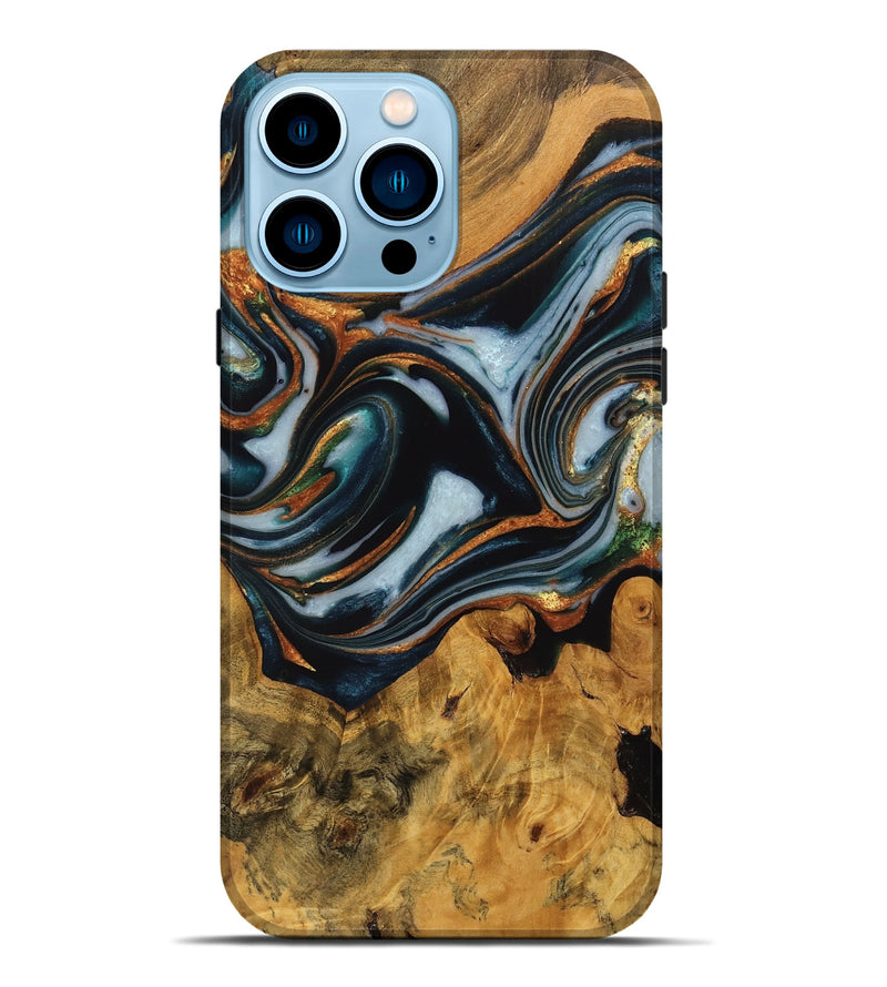 iPhone 14 Pro Max Wood Live Edge Phone Case - Debi (Teal & Gold, 746310)