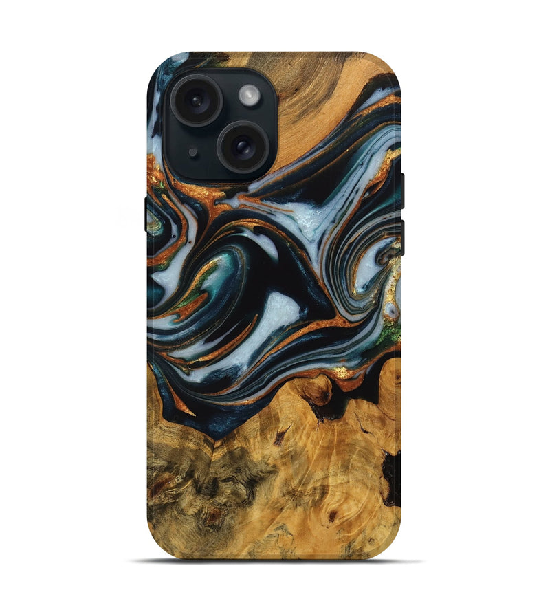 iPhone 15 Wood Live Edge Phone Case - Debi (Teal & Gold, 746310)