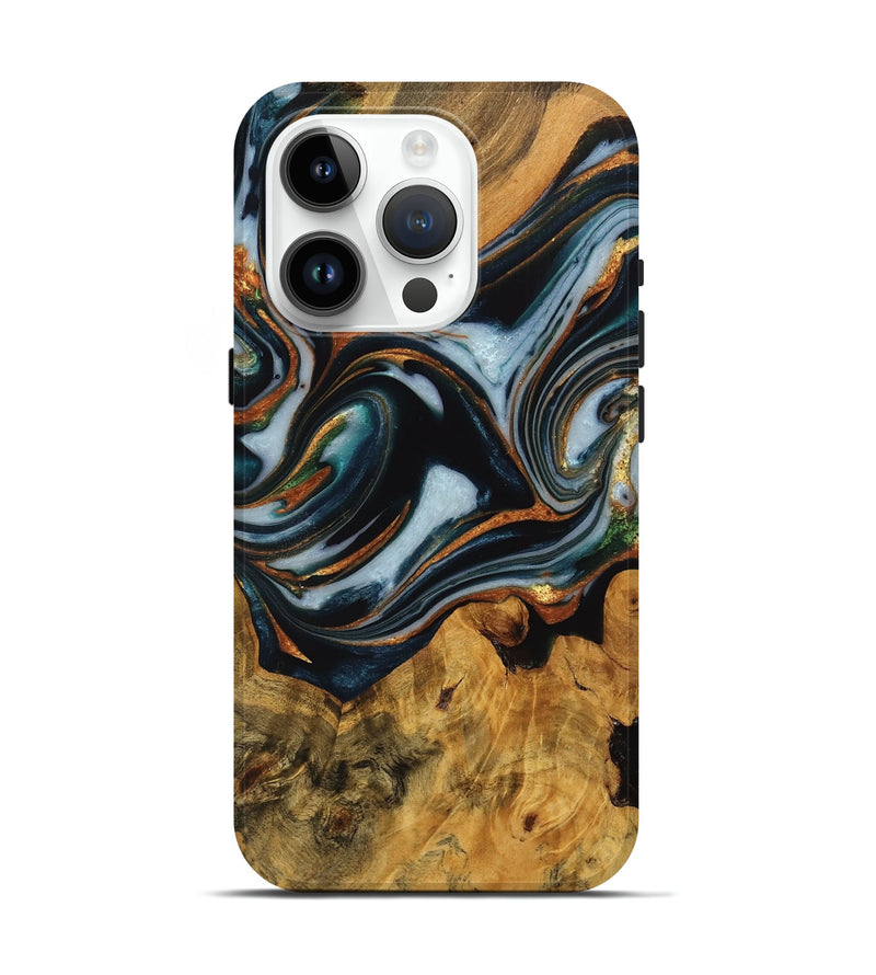 iPhone 15 Pro Wood Live Edge Phone Case - Debi (Teal & Gold, 746310)