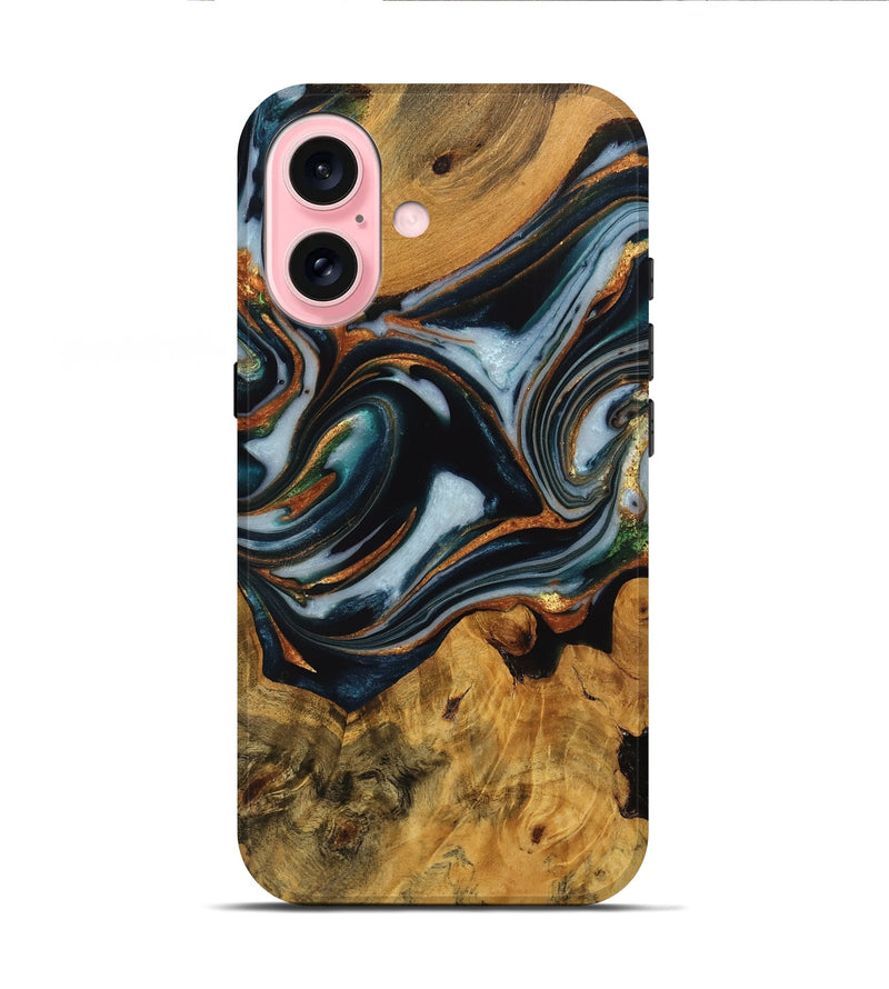 iPhone 16 Wood Live Edge Phone Case - Debi (Teal & Gold, 746310)