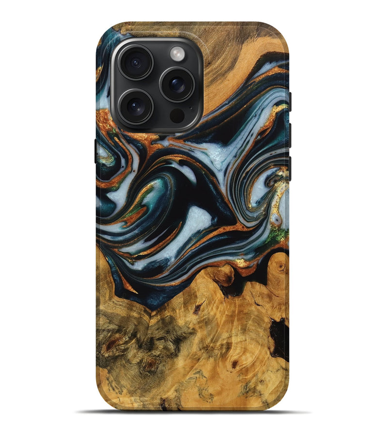 iPhone 16 Pro Max Wood Live Edge Phone Case - Debi (Teal & Gold, 746310)