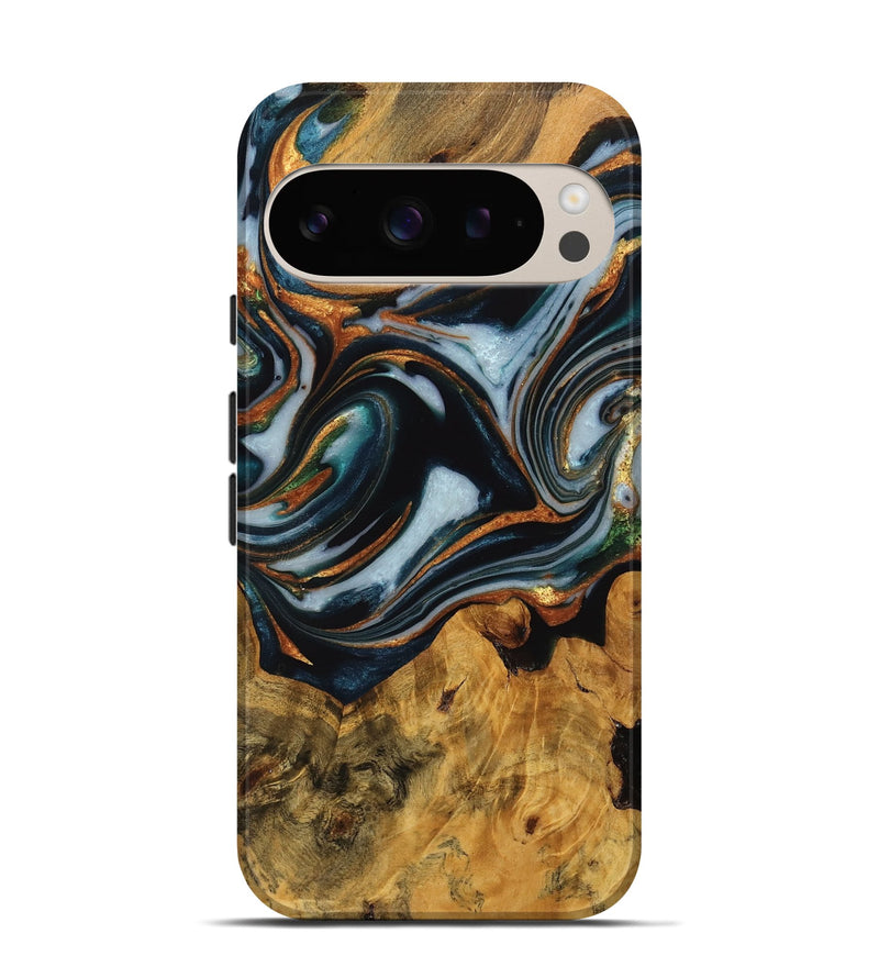 Pixel 9 Wood Live Edge Phone Case - Debi (Teal & Gold, 746310)