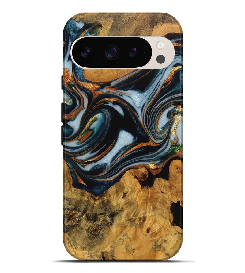 Pixel 9 Pro XL Wood Live Edge Phone Case - Debi (Teal & Gold, 746310)