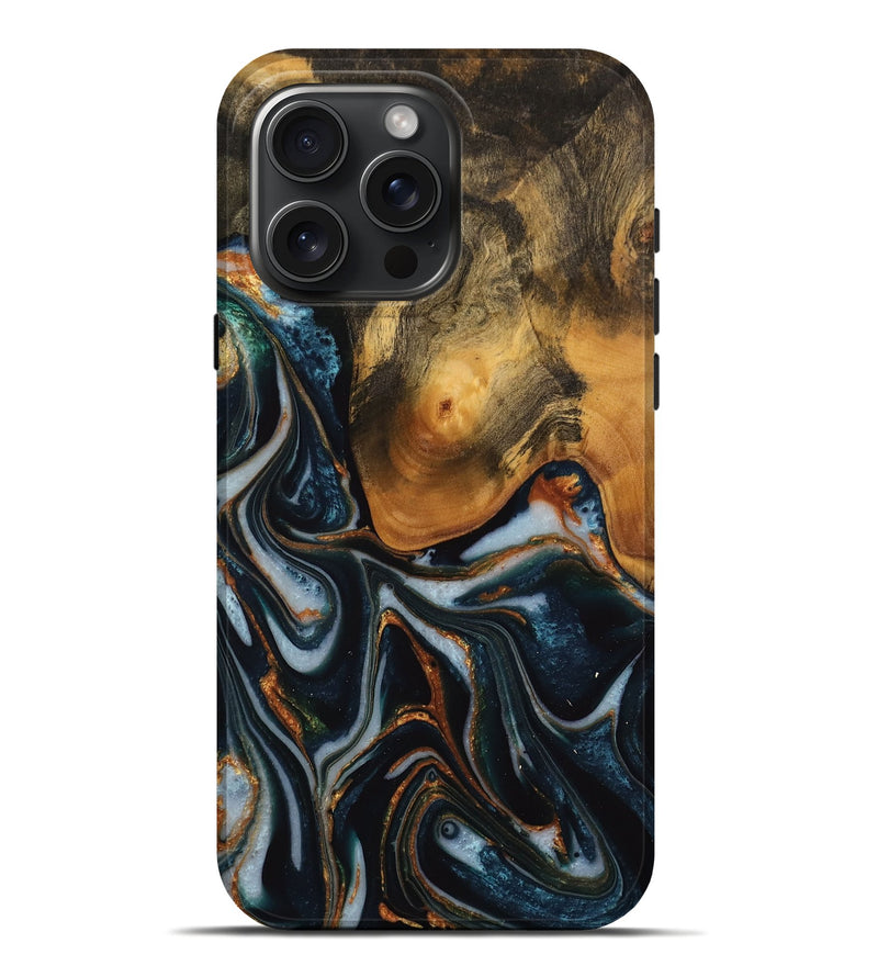 iPhone 16 Pro Max Wood Live Edge Phone Case - Harley (Teal & Gold, 746311)