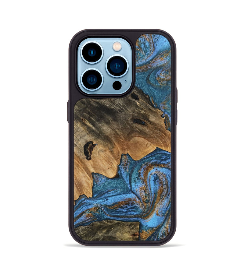 iPhone 14 Pro Wood Phone Case - Denisse (Teal & Gold, 746355)