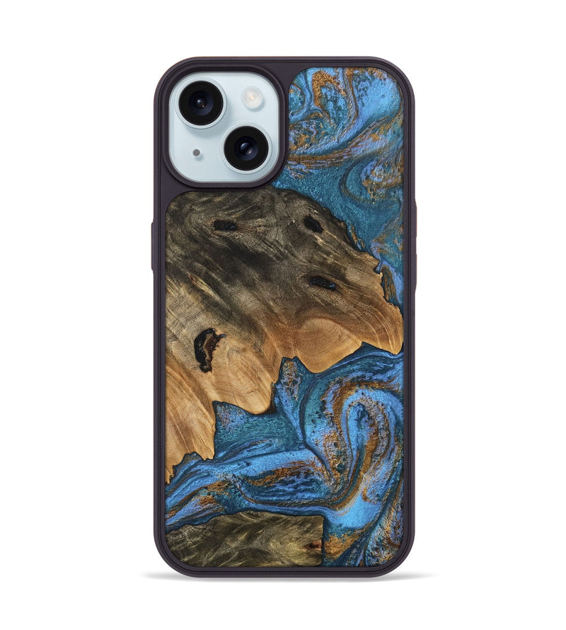 iPhone 15 Wood Phone Case - Denisse (Teal & Gold, 746355)