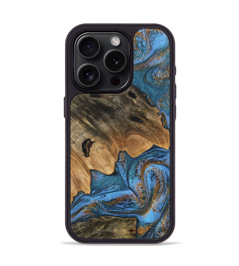 iPhone 15 Pro Wood Phone Case - Denisse (Teal & Gold, 746355)