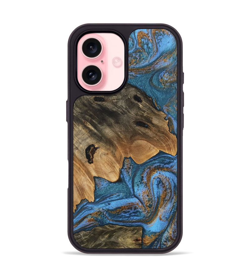 iPhone 16 Wood Phone Case - Denisse (Teal & Gold, 746355)