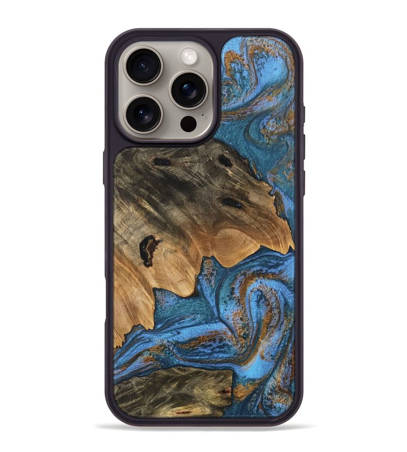 iPhone 16 Pro Max Wood Phone Case - Denisse (Teal & Gold, 746355)