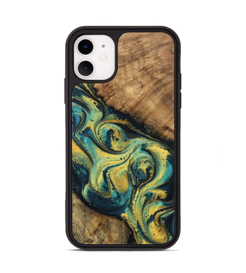 iPhone 11 Wood Phone Case - Mozelle (Teal & Gold, 746370)