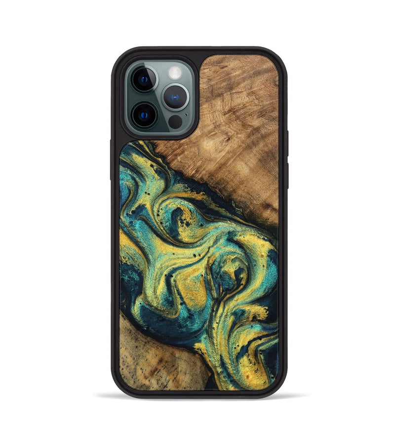 iPhone 12 Pro Wood Phone Case - Mozelle (Teal & Gold, 746370)