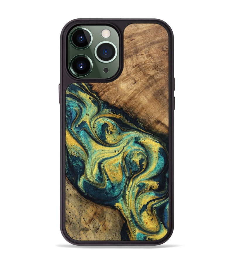 iPhone 13 Pro Max Wood Phone Case - Mozelle (Teal & Gold, 746370)