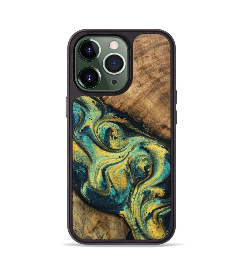 iPhone 13 Pro Wood Phone Case - Mozelle (Teal & Gold, 746370)