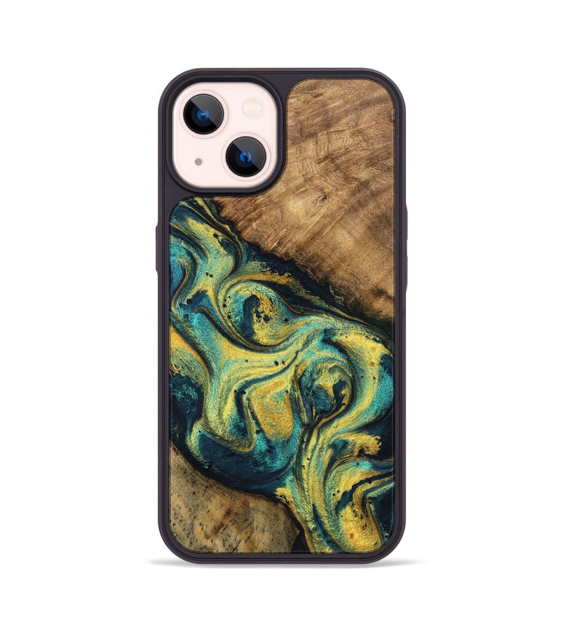 iPhone 14 Wood Phone Case - Mozelle (Teal & Gold, 746370)