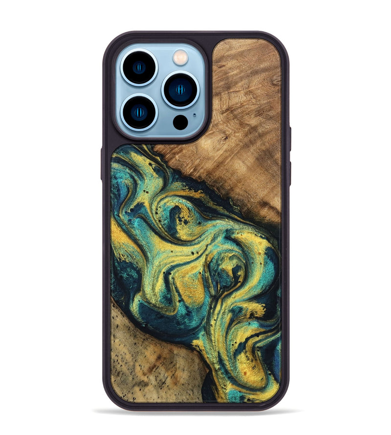 iPhone 14 Pro Max Wood Phone Case - Mozelle (Teal & Gold, 746370)