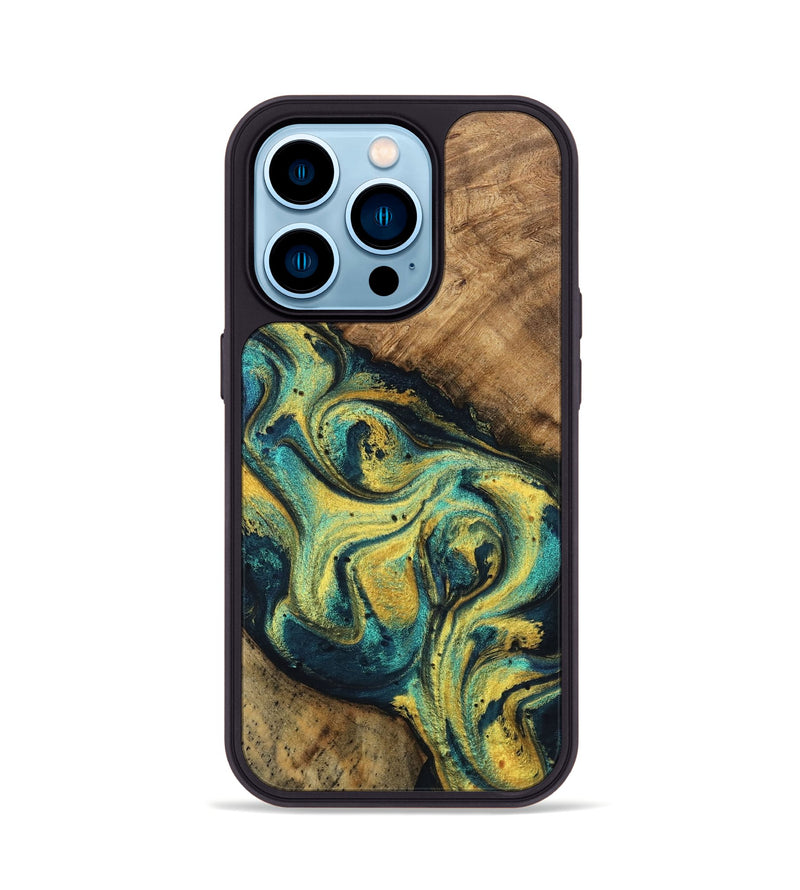 iPhone 14 Pro Wood Phone Case - Mozelle (Teal & Gold, 746370)