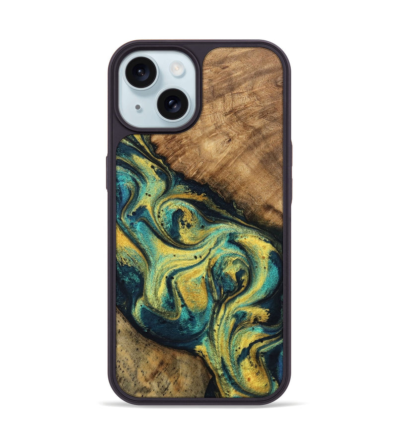 iPhone 15 Wood Phone Case - Mozelle (Teal & Gold, 746370)