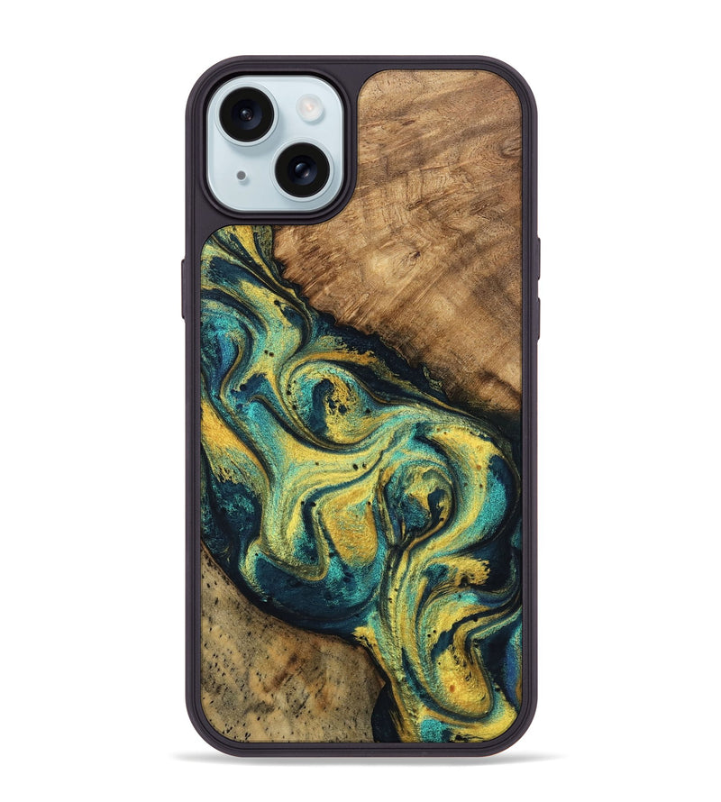 iPhone 15 Plus Wood Phone Case - Mozelle (Teal & Gold, 746370)