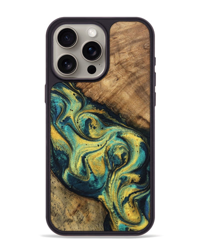 iPhone 15 Pro Max Wood Phone Case - Mozelle (Teal & Gold, 746370)