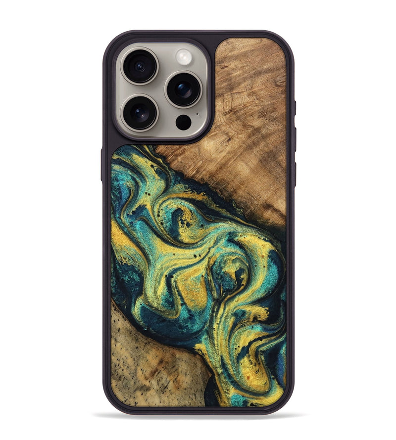 iPhone 15 Pro Max Wood Phone Case - Mozelle (Teal & Gold, 746370)