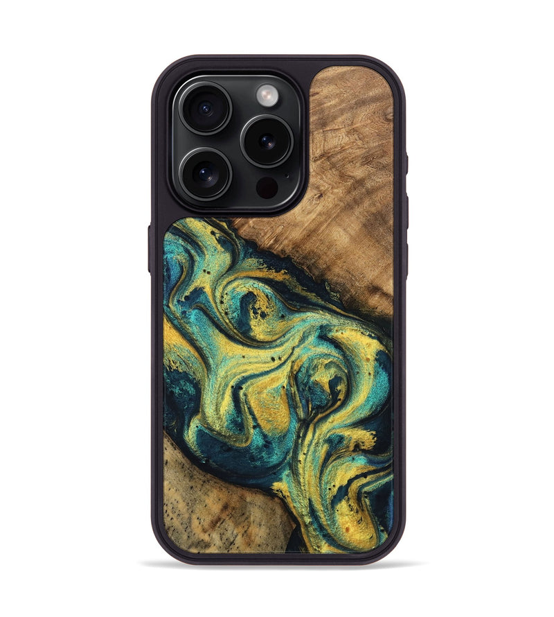 iPhone 15 Pro Wood Phone Case - Mozelle (Teal & Gold, 746370)