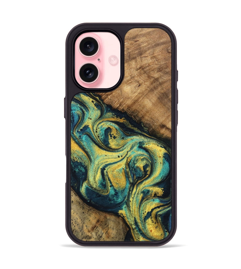 iPhone 16 Wood Phone Case - Mozelle (Teal & Gold, 746370)