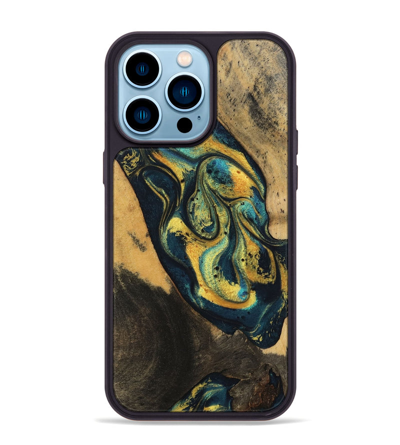 iPhone 14 Pro Max Wood Phone Case - Dianna (Teal & Gold, 746375)