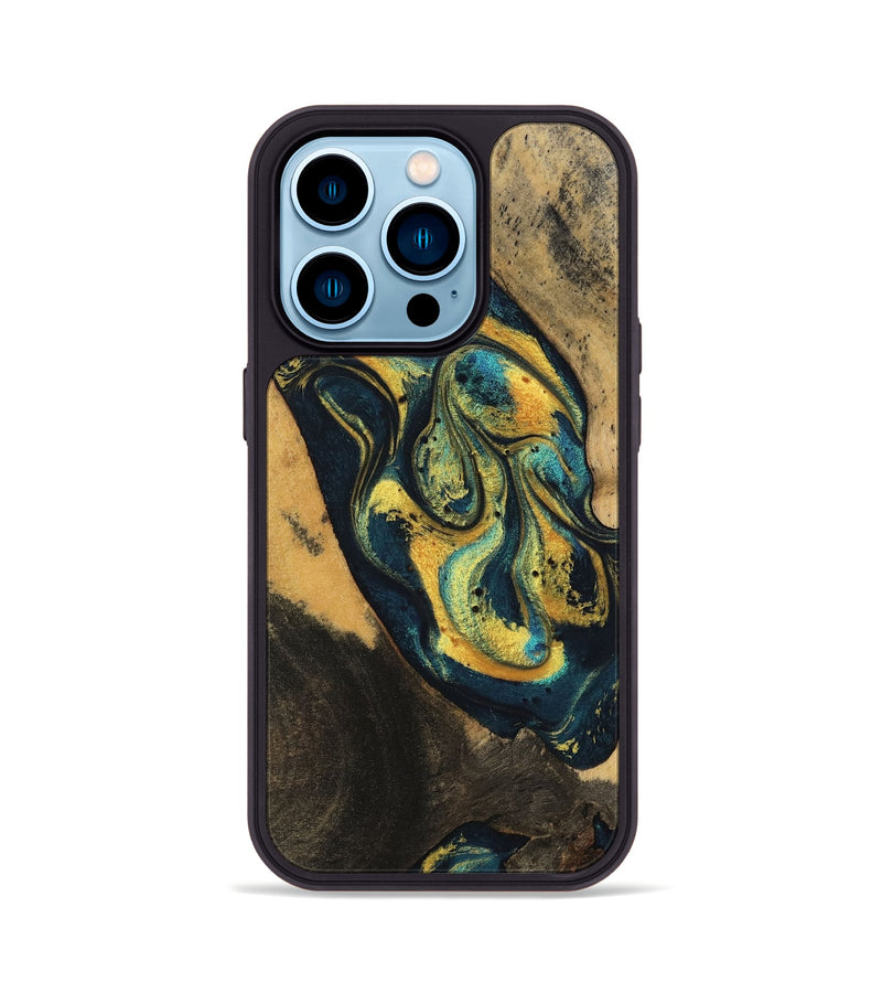 iPhone 14 Pro Wood Phone Case - Dianna (Teal & Gold, 746375)