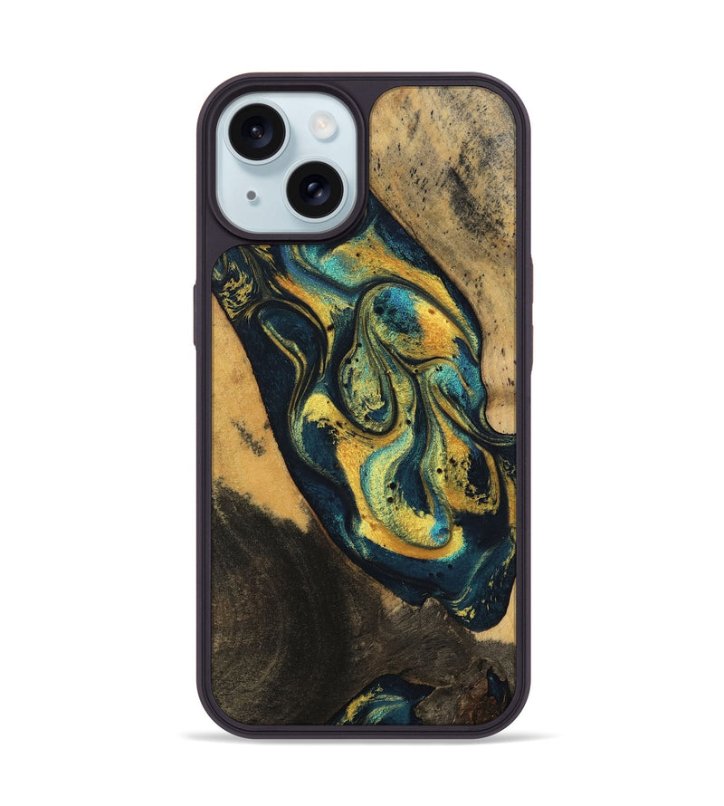 iPhone 15 Wood Phone Case - Dianna (Teal & Gold, 746375)