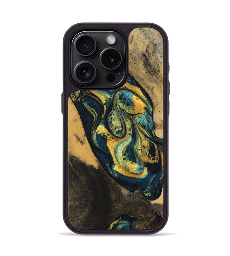 iPhone 15 Pro Wood Phone Case - Dianna (Teal & Gold, 746375)