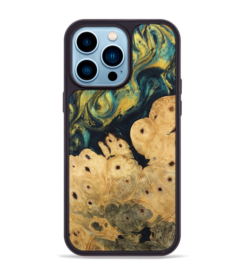 iPhone 14 Pro Max Wood Phone Case - Esta (Teal & Gold, 746378)