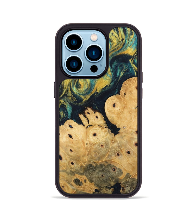 iPhone 14 Pro Wood Phone Case - Esta (Teal & Gold, 746378)