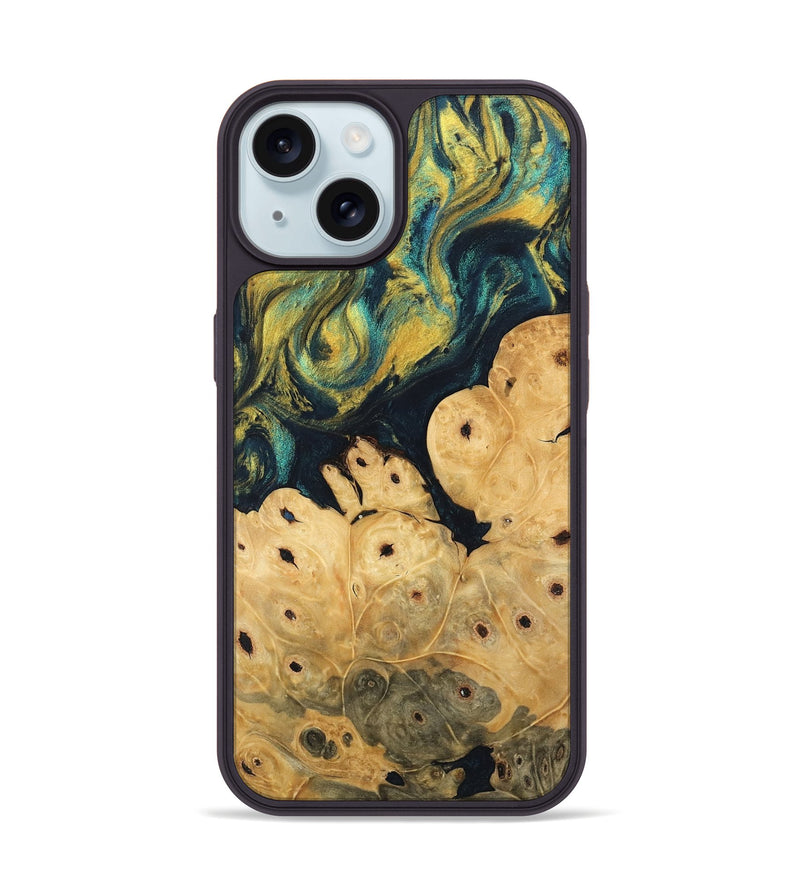 iPhone 15 Wood Phone Case - Esta (Teal & Gold, 746378)