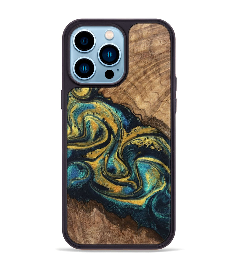 iPhone 14 Pro Max Wood Phone Case - Dereck (Teal & Gold, 746379)