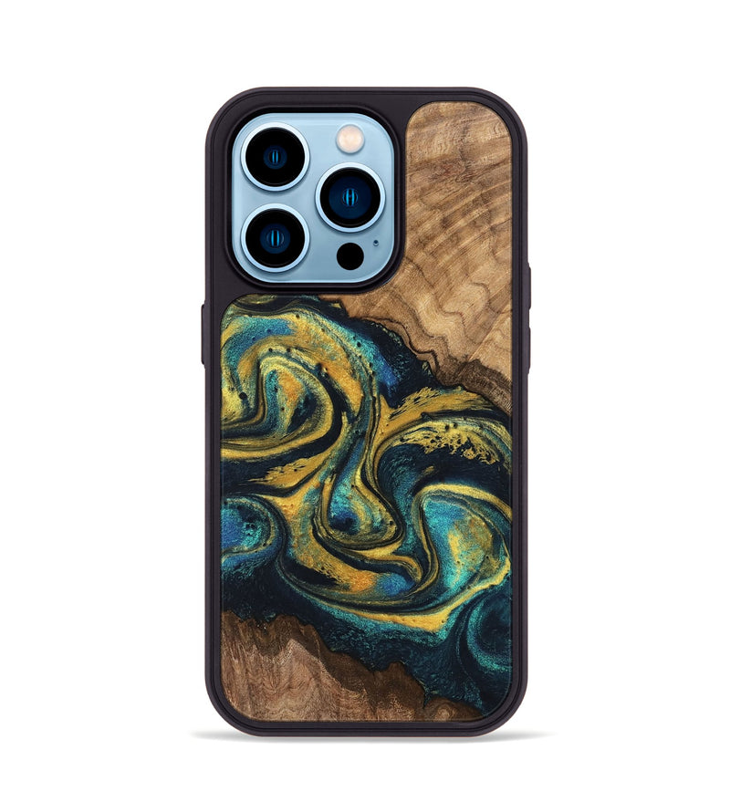 iPhone 14 Pro Wood Phone Case - Dereck (Teal & Gold, 746379)