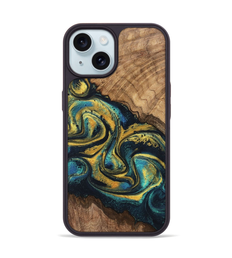 iPhone 15 Wood Phone Case - Dereck (Teal & Gold, 746379)