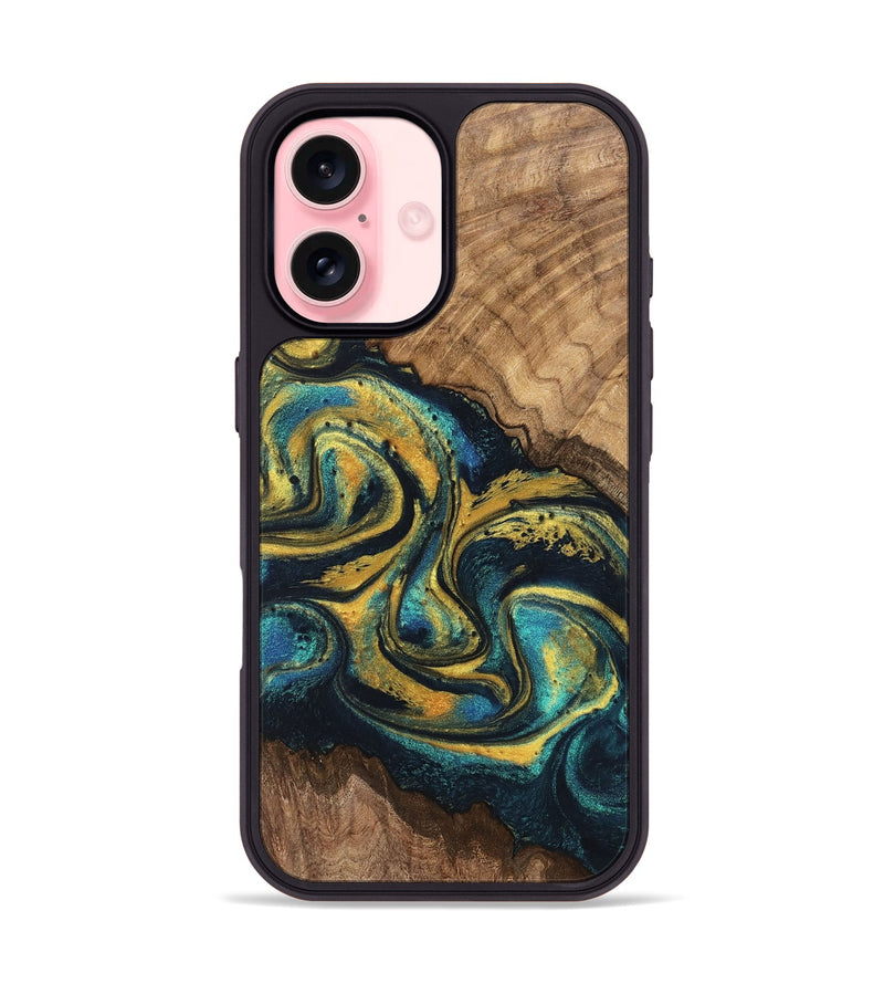 iPhone 16 Wood Phone Case - Dereck (Teal & Gold, 746379)