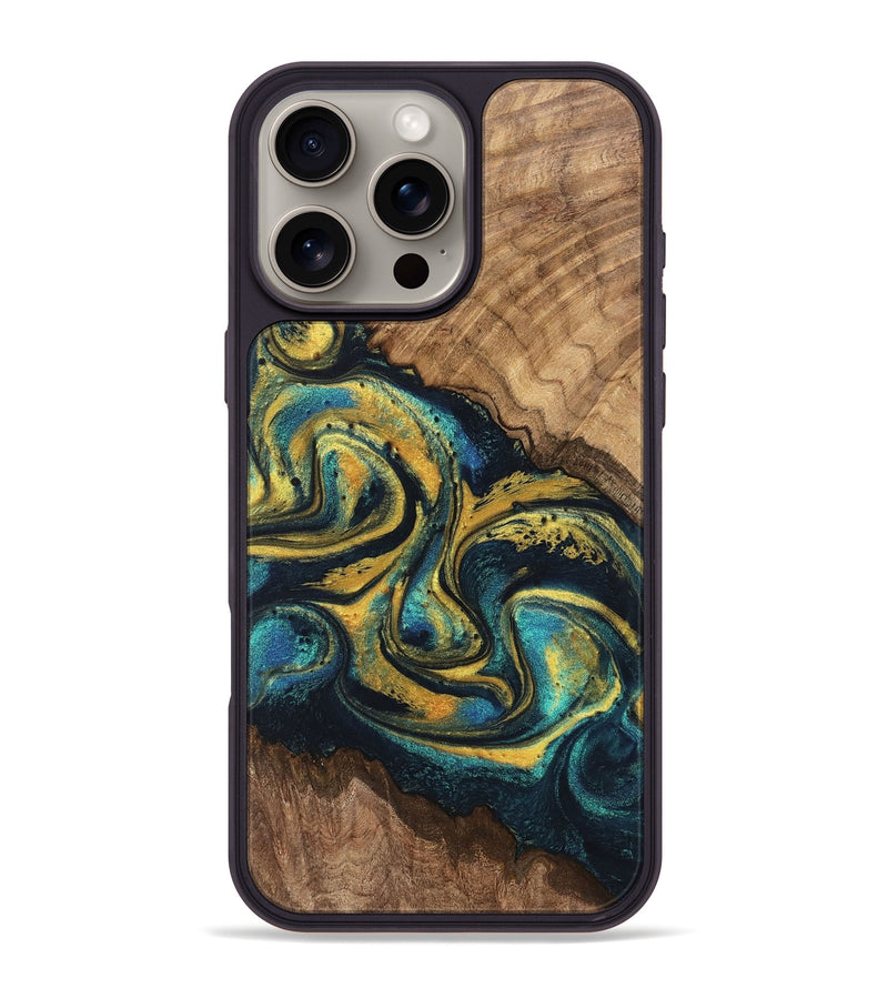 iPhone 16 Pro Max Wood Phone Case - Dereck (Teal & Gold, 746379)