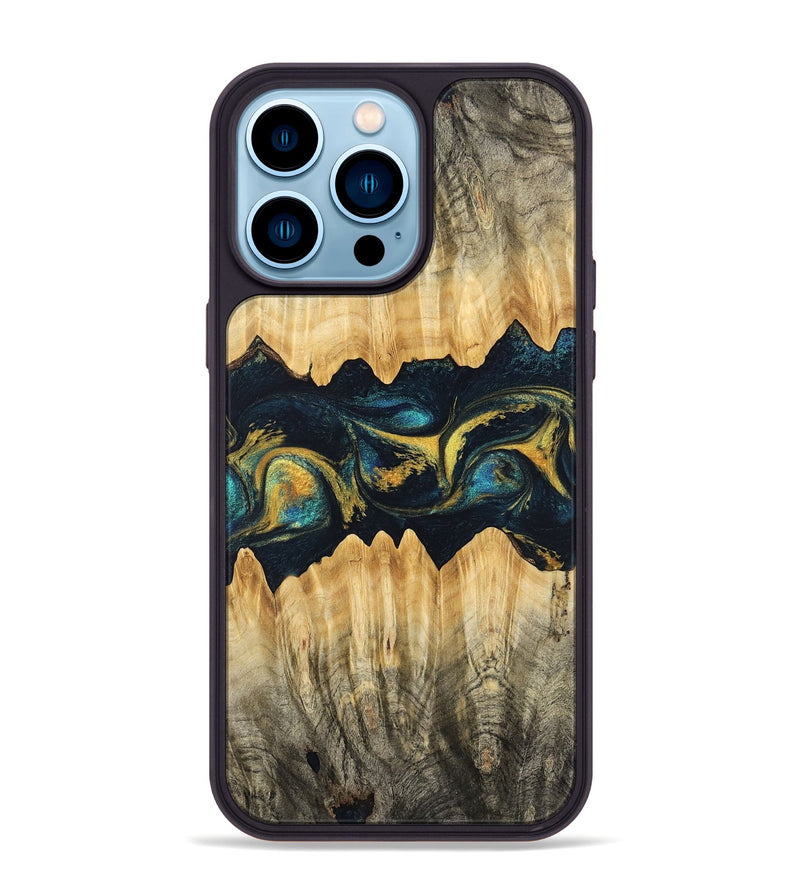 iPhone 14 Pro Max Wood Phone Case - Elianna (Teal & Gold, 746380)