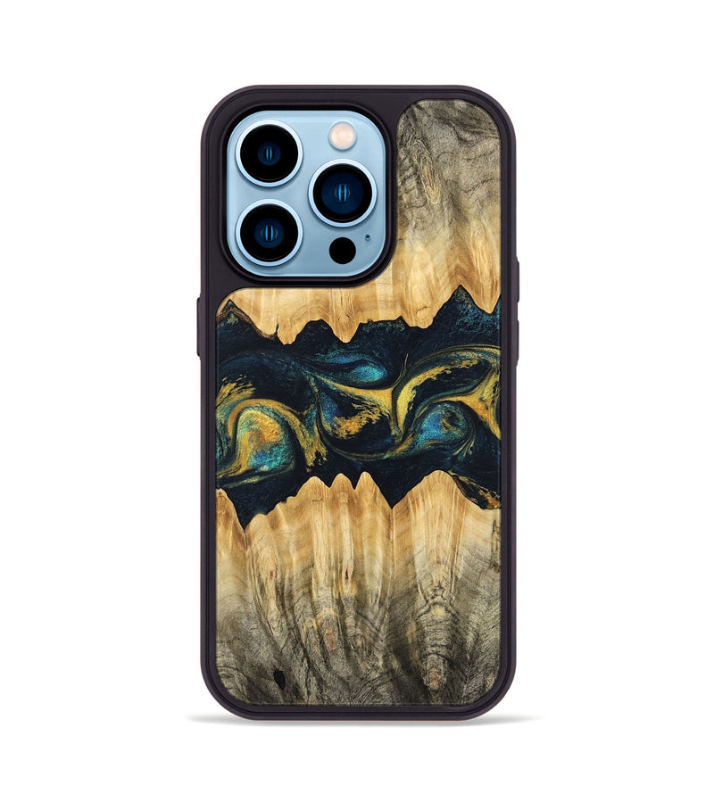 iPhone 14 Pro Wood Phone Case - Elianna (Teal & Gold, 746380)