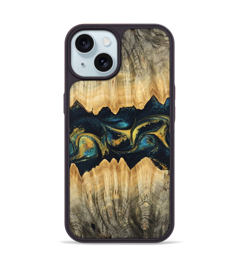 iPhone 15 Wood Phone Case - Elianna (Teal & Gold, 746380)