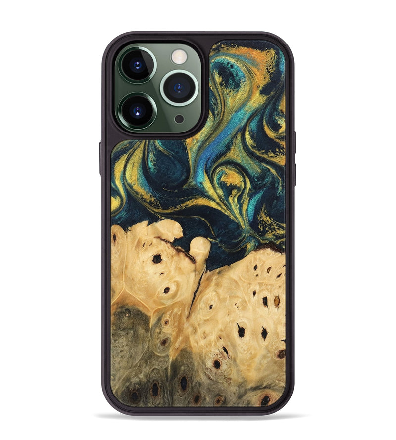 iPhone 13 Pro Max Wood Phone Case - Julisa (Teal & Gold, 746384)