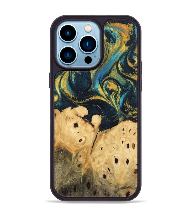 iPhone 14 Pro Max Wood Phone Case - Julisa (Teal & Gold, 746384)