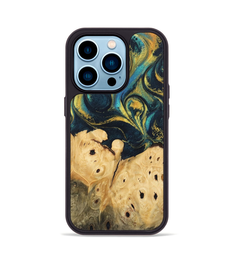 iPhone 14 Pro Wood Phone Case - Julisa (Teal & Gold, 746384)