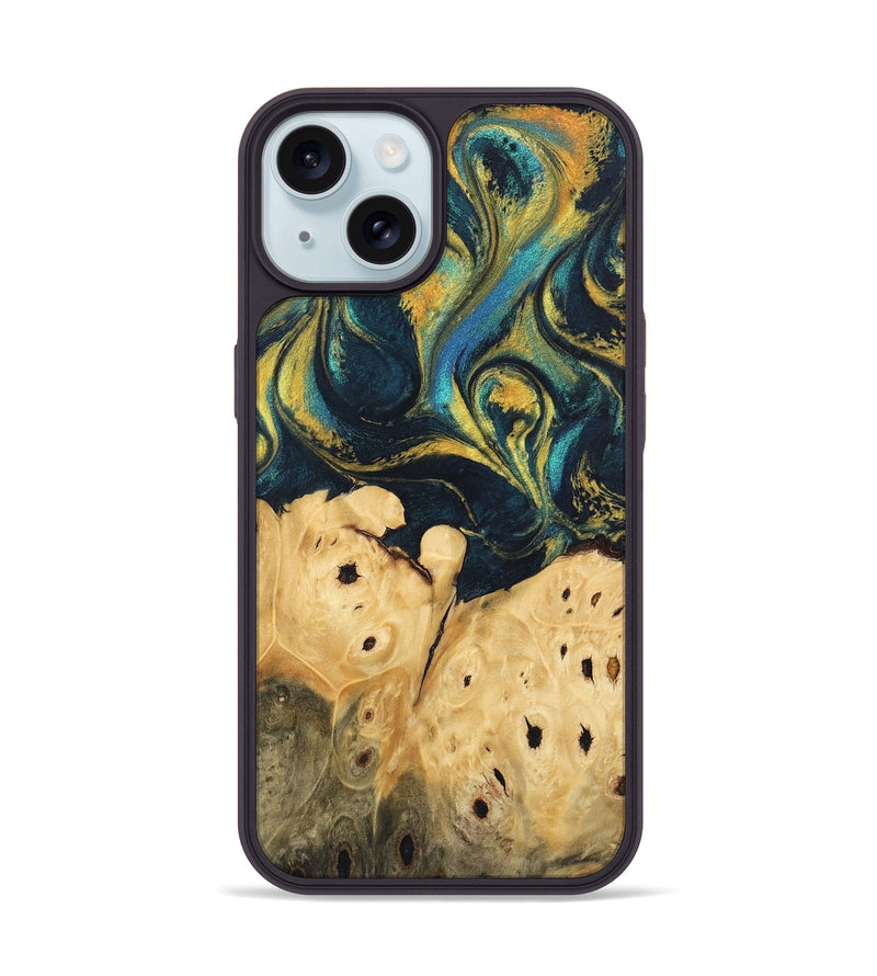 iPhone 15 Wood Phone Case - Julisa (Teal & Gold, 746384)