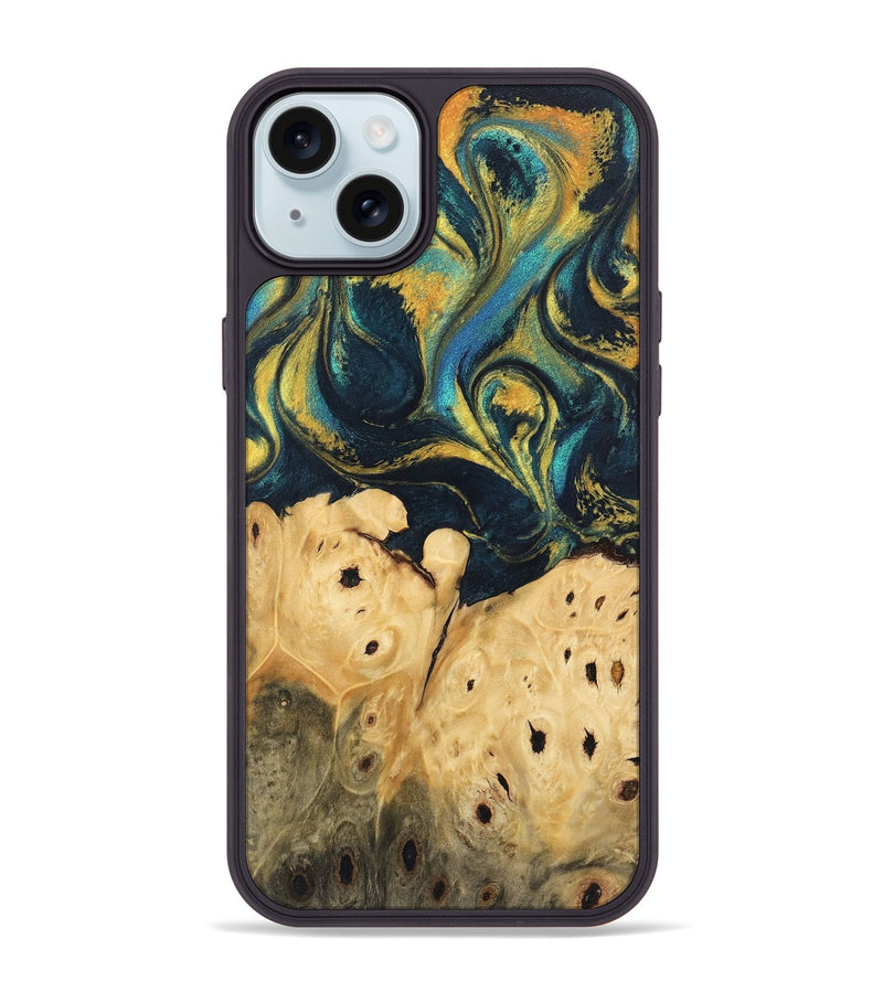 iPhone 15 Plus Wood Phone Case - Julisa (Teal & Gold, 746384)