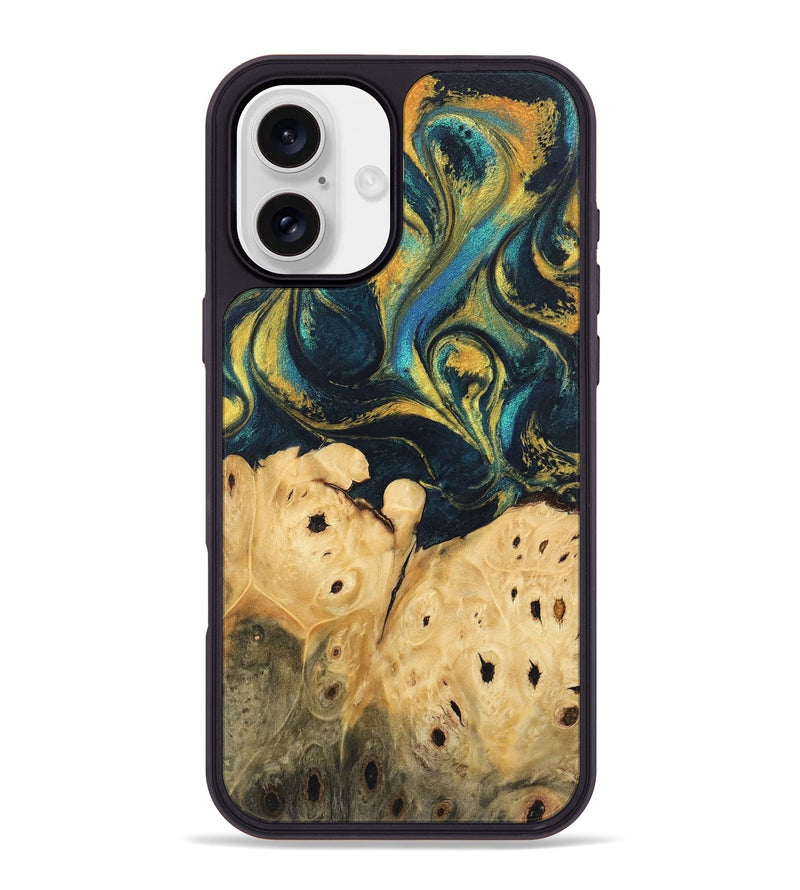 iPhone 16 Plus Wood Phone Case - Julisa (Teal & Gold, 746384)