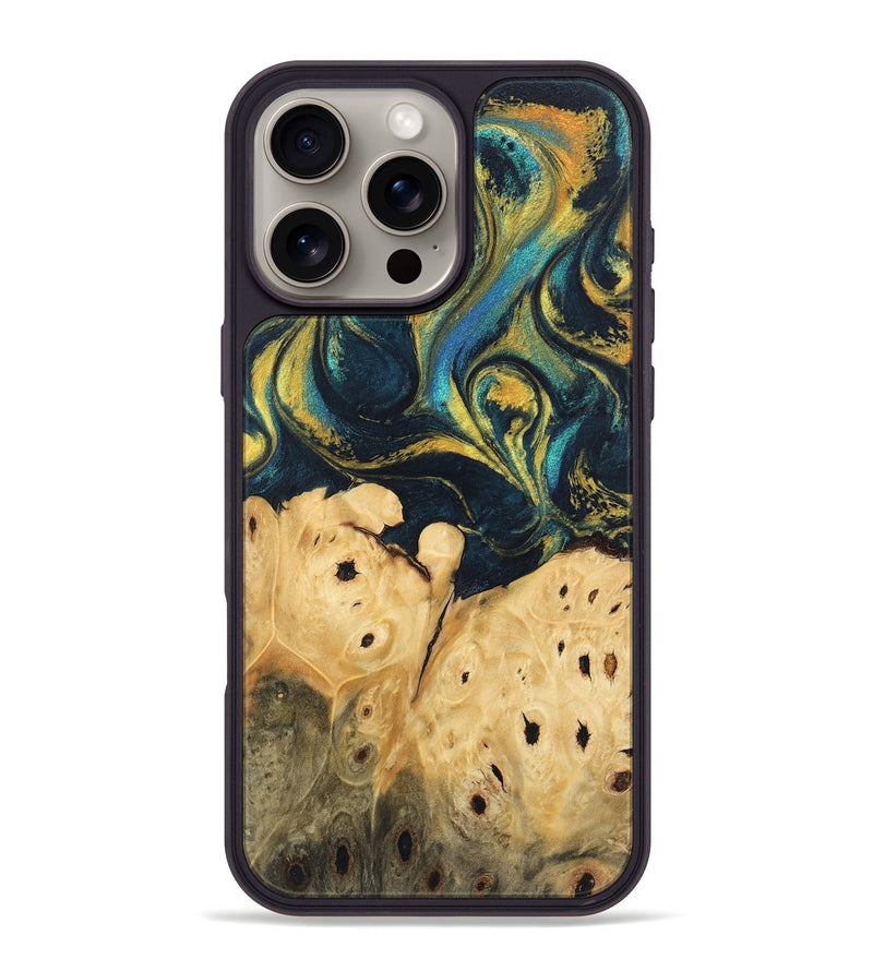 iPhone 16 Pro Max Wood Phone Case - Julisa (Teal & Gold, 746384)