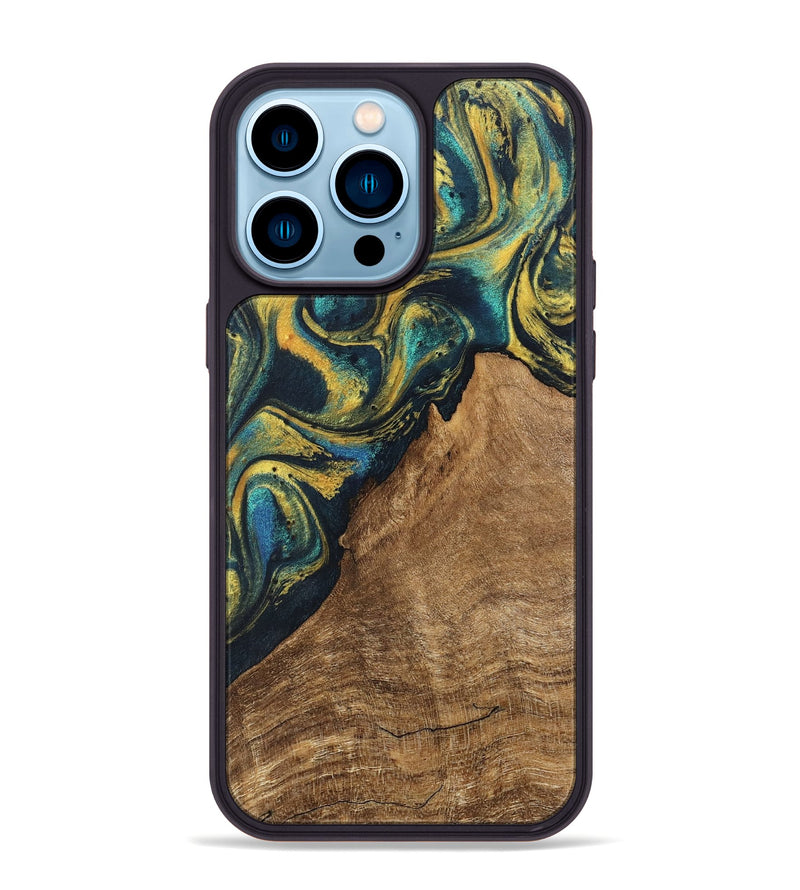 iPhone 14 Pro Max Wood Phone Case - Madge (Teal & Gold, 746385)